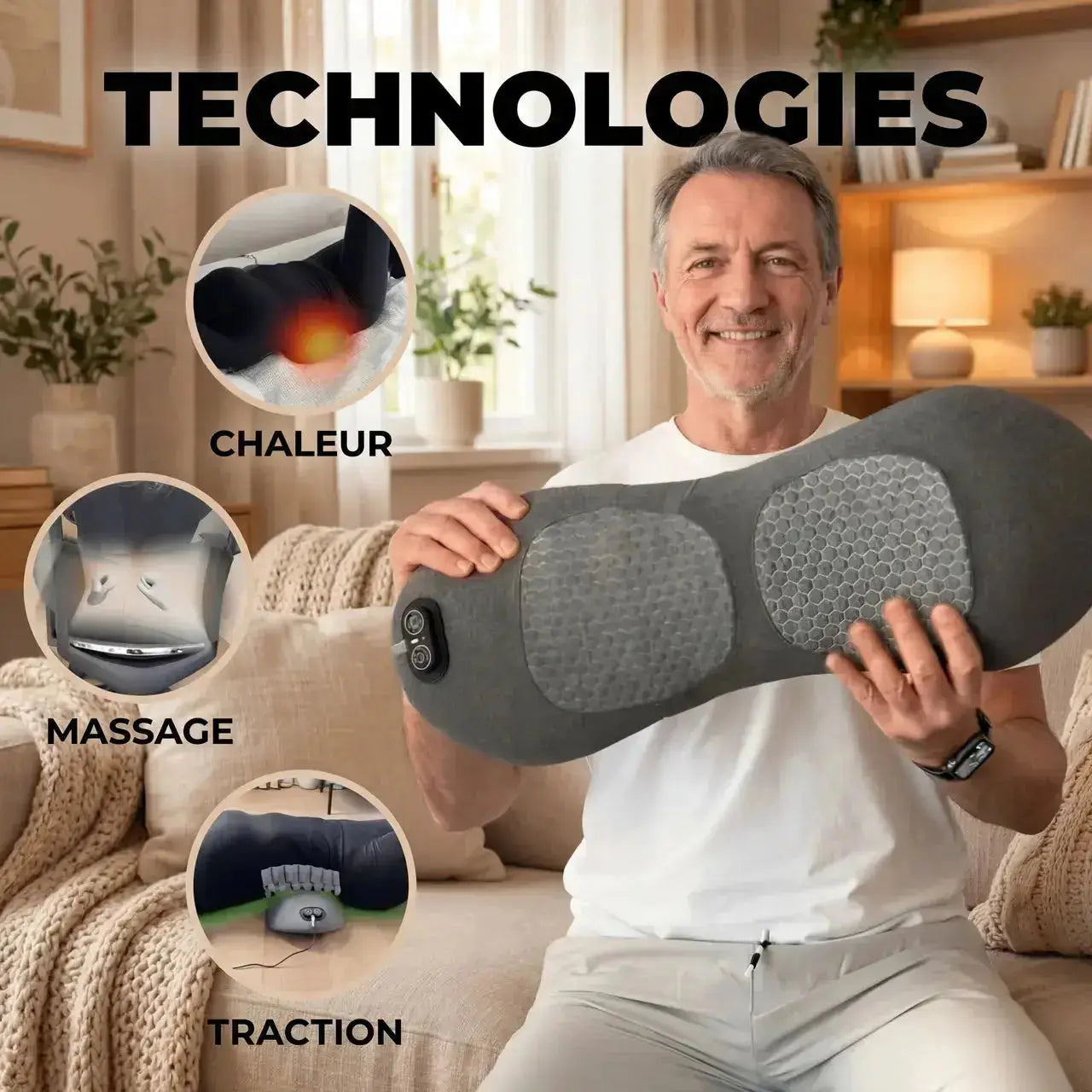 Technologies Masseur Dorsal 3-en-1 ClairBois — Chaleur Infrarouge